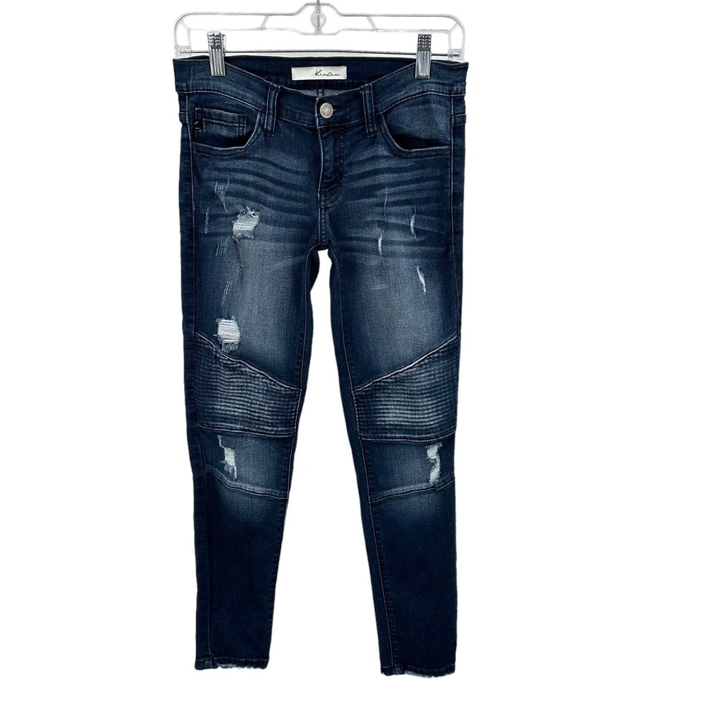KanCan Moto Skinny Jeans Dark Wash Distressed Grunge Revival Stretch Size 3-25